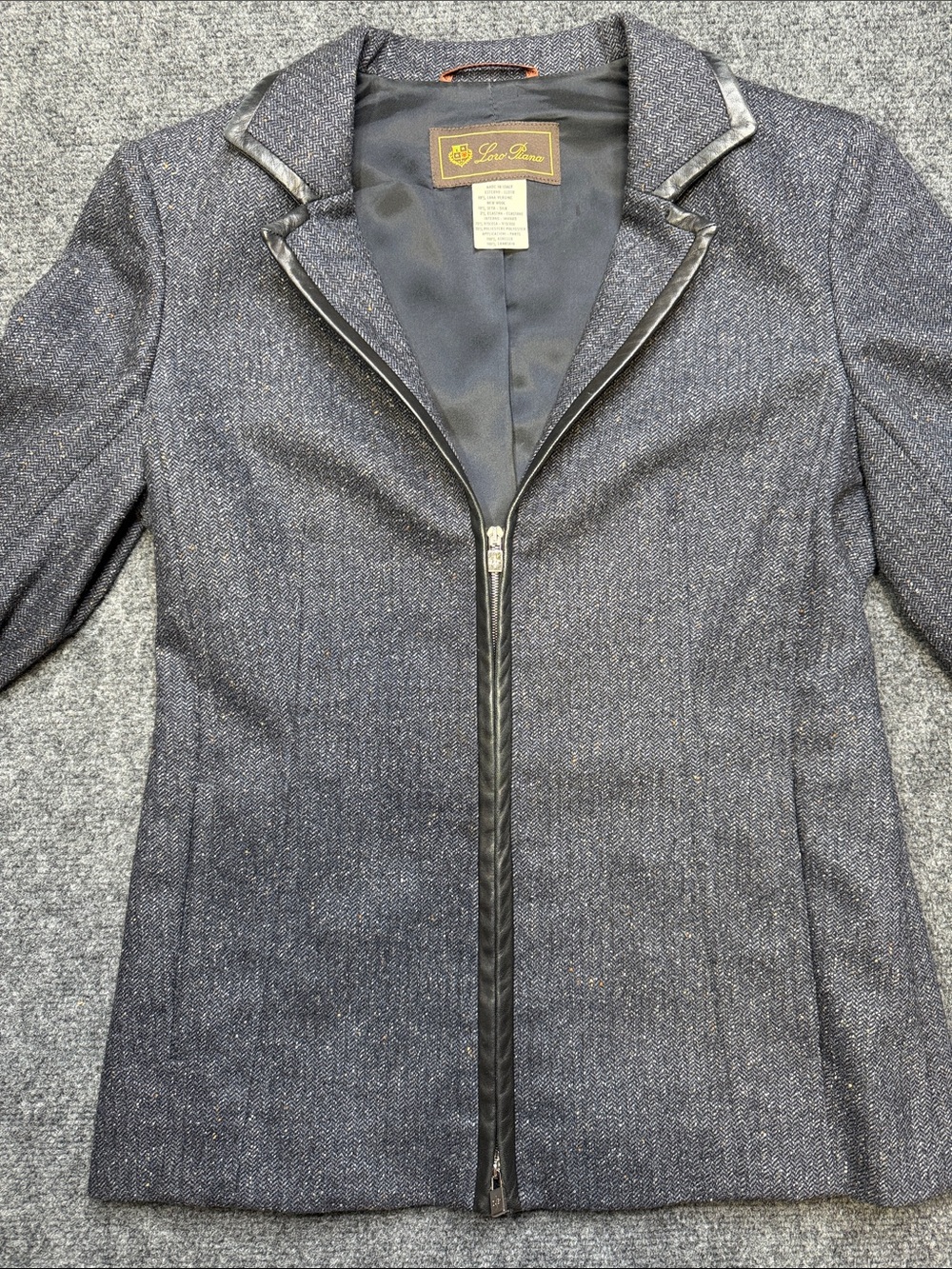 Loro Piana Women Blazer Jacket Gray Wool Silk Leather Trim Zip Front Italy Sz 40